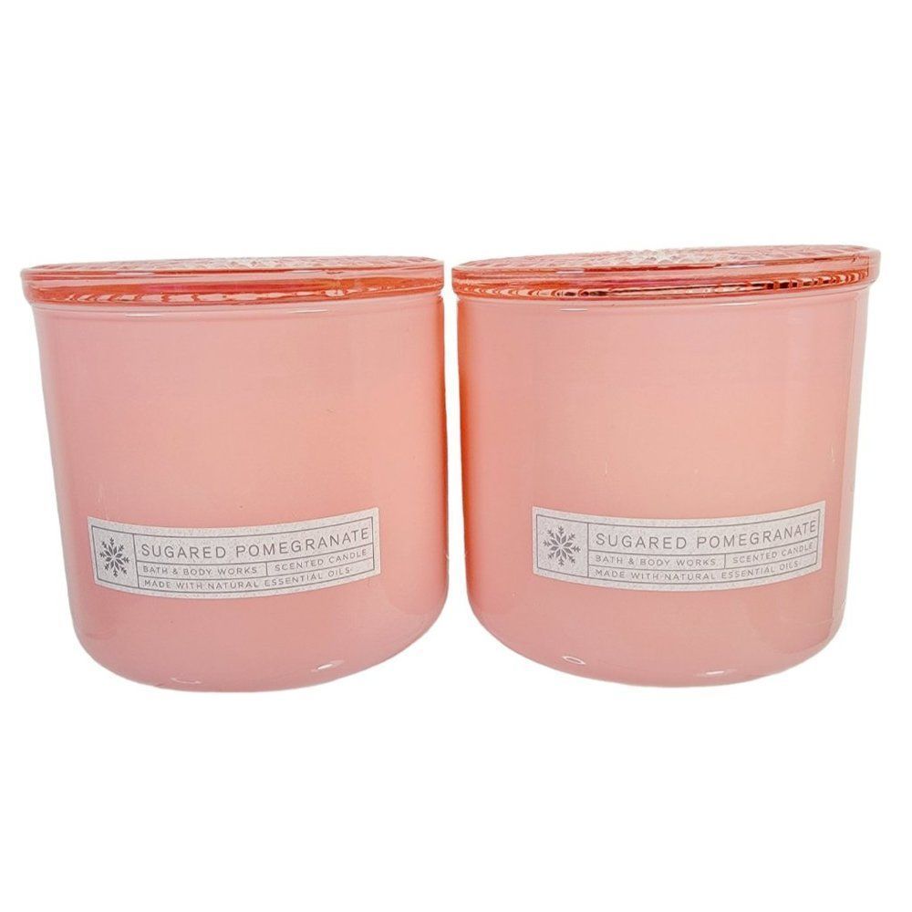 2 SUGARED POMEGRANATE Pink Glass Bath & Body Works 3 Wick Scented Candles NEW